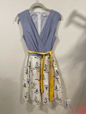 Chetta B Blue-and-White Sailboat Midi Dress with with pockets and Yellow Sash